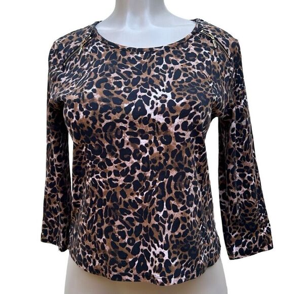 Rafaella Top Womens PS Brown Animal Print 3/4 Sleeve Cotton Zippered Shoulder - Picture 2 of 14